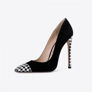 Black and white checkerboard print heel pumps shoes for women,