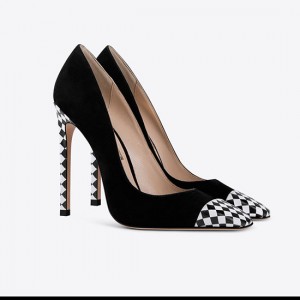 Black and white checkerboard print heel pumps shoes for women,