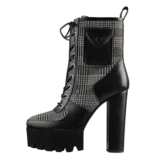 Black Platform Lace Up Chunky Heel Mid Calf Pocket Fashion Boots