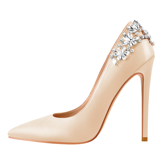 Custom made apricot crystal satin high heel wedding pumps