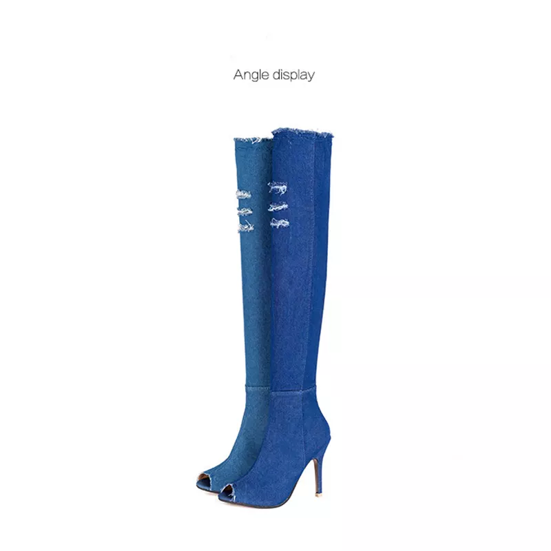 XINZIRAIN Custom blue denim peep toe stiletto over knee high heel boots