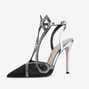 2022 New design custom made pointed blackupper silver high heel crystal sandals