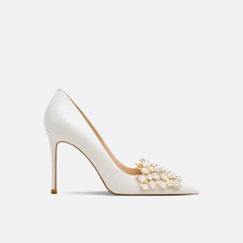 Luxury Sheepskin Rhinestone Pearl Wedding Heels