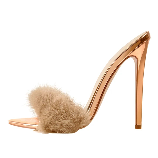 Hot sale High Heel Sandals Brown - 12cm Rose Gold fur Feather High Heel Stilettos Sandals – Xinzi Rain