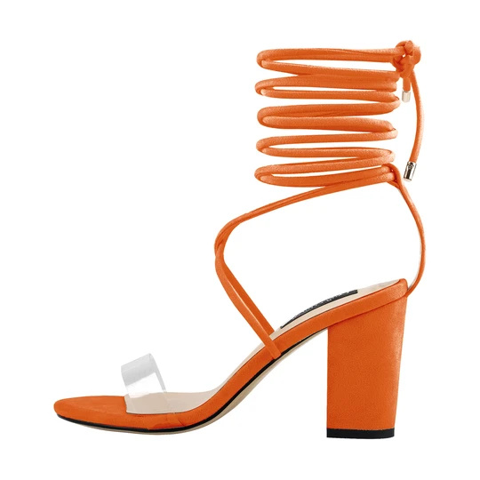 Clear Band Gladiator Chunky High Heel Orange Open Toe Lace Up Strappy Heeled Sandals Custom Chunky women heel sandals