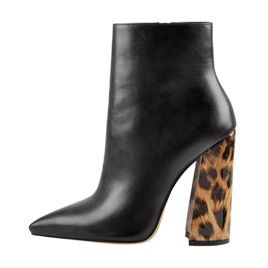 Hot New Products Bespoke Boots Uk - Matte Leather Pointed Toe Leopard Chunky Block Heels Ankle Booties – Xinzi Rain