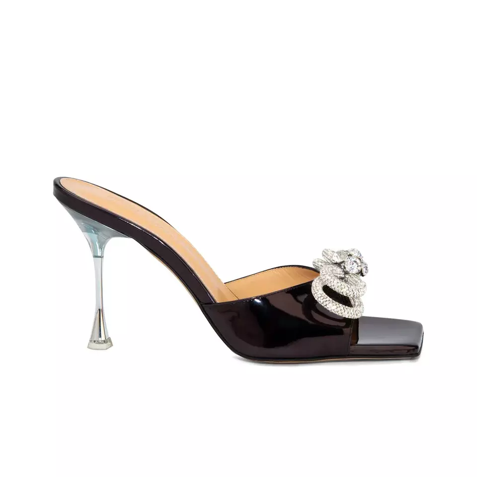Square Toe PU Leather Clear Heel Sandals