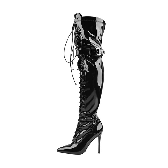 Patent Leather Lace up Over the Knee Motorcycle Boots