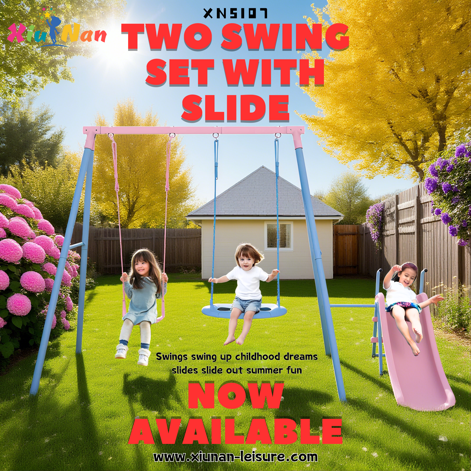 XNS107 Two Swing Set with Slide: Redefine Outdoor Play for Backyards, Preschools, and More