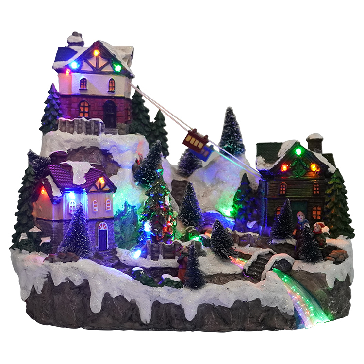 Good quality Christmas Vacation Village Complete Set - Custom made LED musical mountain house fiber optic resin Christmas village with rotating Xmas tree and moving cable car – Melody