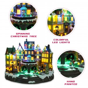 Christmas Village House Decoration,Colourful LED Lights Light Up Streets and Buildings,Rotating Roller Skaters,Music Rendering Atmosphere