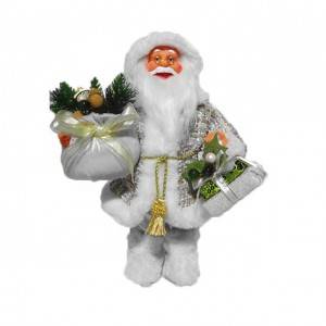 OEM Xmas indoor decor White 30 cm plastic Christmas Standing Santa Claus figurine with Jumper Sack and gift bag