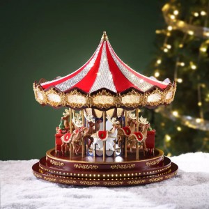Deluxe Christmas Gift amusement park Led Red Carousel Music Box Animated Indoor Christmas Decoration