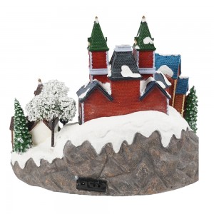 Hot sell Xmas themed train station model, custom made seasonal resin animated Led musical Christmas Village