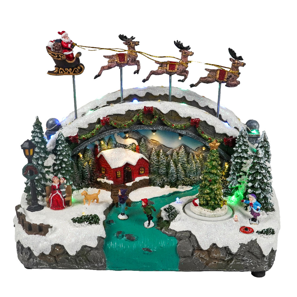 Low price for Christmas Village Nativity Set - New arrive noel seasonal Led musical Bridge and flying Santa sleigh skiing scene Christmas Village with rotating Xmas tree – Melody