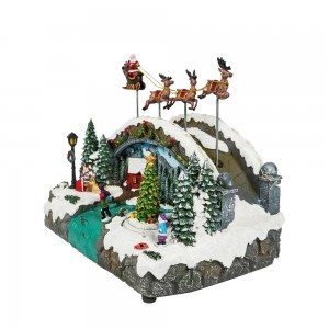 New arrive noel seasonal Led musical Bridge and flying Santa sleigh skiing scene Christmas Village with rotating Xmas tree