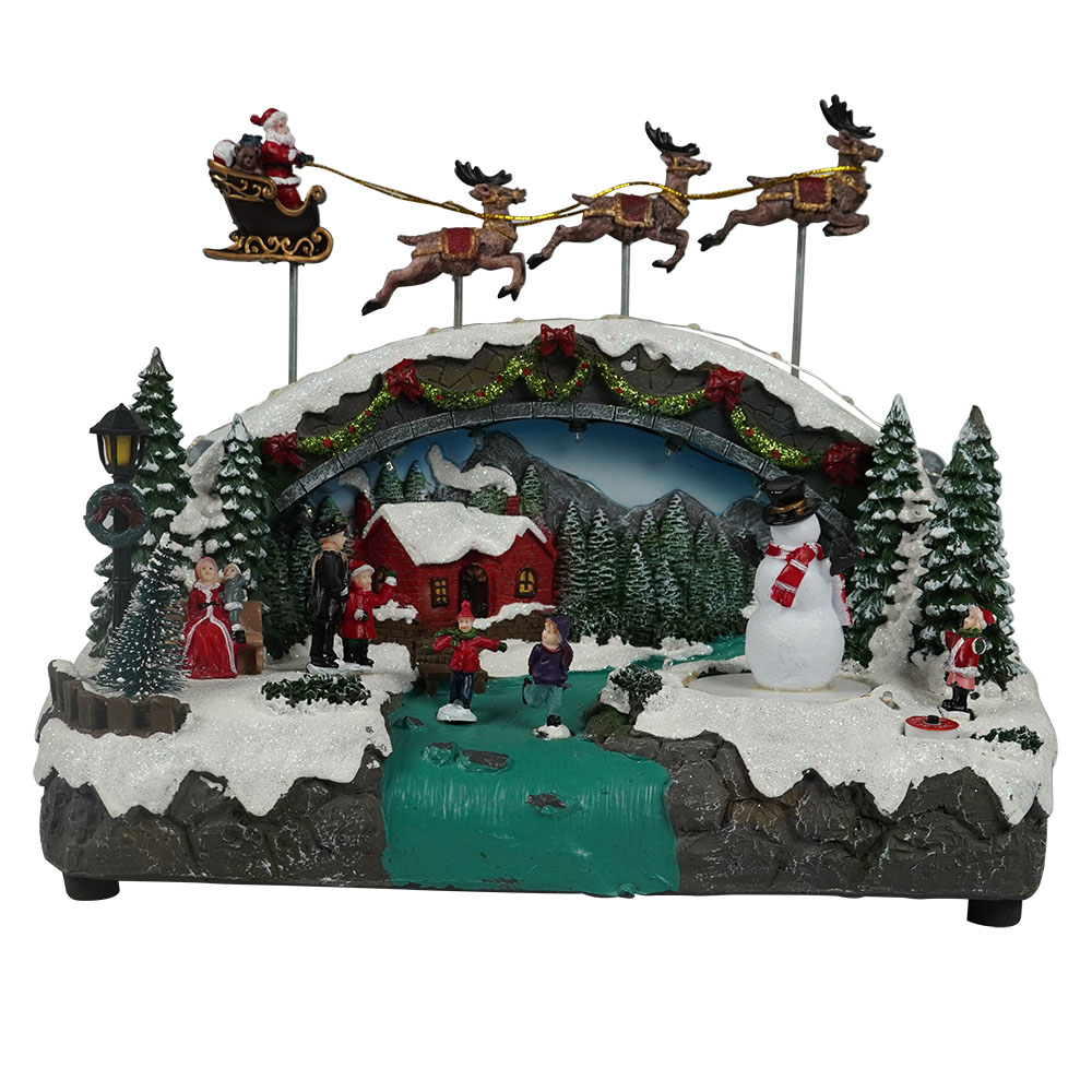 OEM manufacturer Types Of Christmas Villages - Wholesale led musical Xmas skiing bridge and flying sleigh scene model figurine Christmas decoration with rotating snowman – Melody