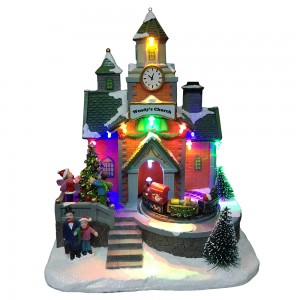 Wholesale  LED light up animated Church Train Station scene  resin musical Christmas village for seasonal decor and gift