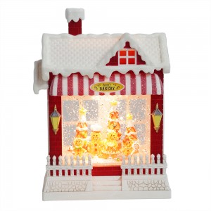 MELODY LED resin ginger bread house scene giltter swirling water lantern Christmas snow globe