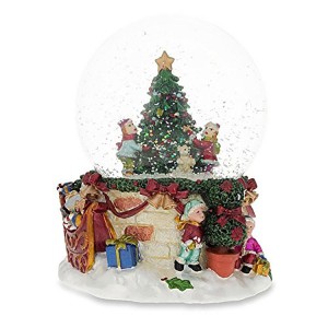 Hand painted Cheerful Kids Decorating Christmas tree holiday decor Musical glass Snow Globes with glittery bulbs