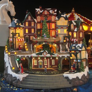Christmas Decoration LED Animated Train Station Resin Musical Christmas village house with Rotating Xmas Tree