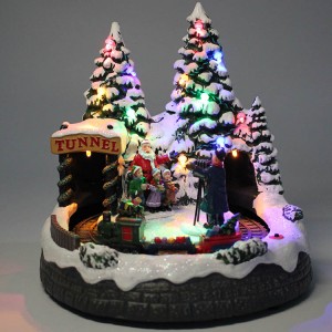 Plastic Animated musical led Village house scene Christmas Decoration with train