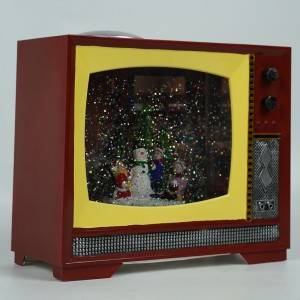 Customized indoor decor Xmas snowman tree scene water spinning tabletop BO Retro TV musical led snow globe
