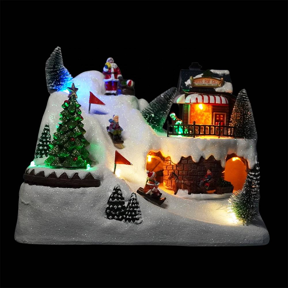 Wholesale noel Led light up Xmas scene fiber optic resin musical animated Christmas village with rotating train and skater