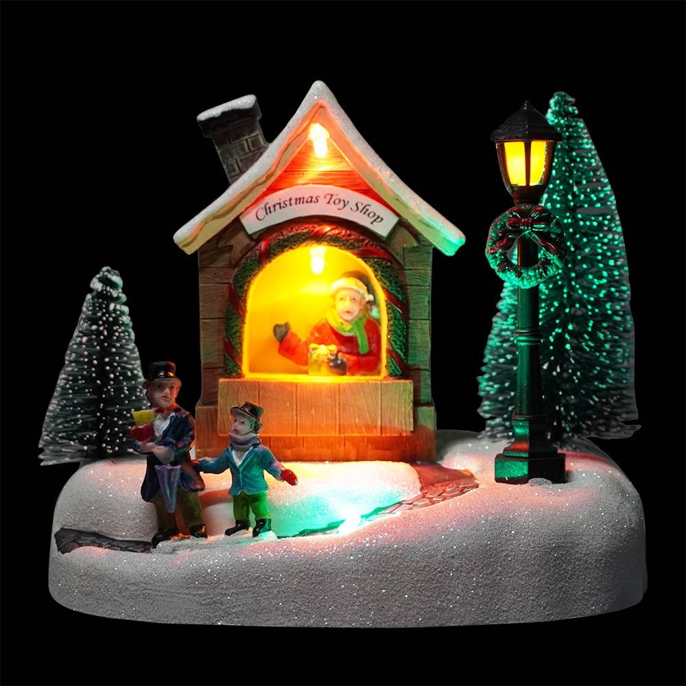 Custom noel Xmas Santa Shop scene resin fiber optic musical miniature christmas village houses with Mult Led color