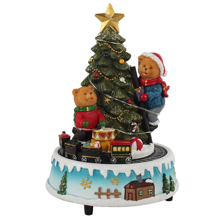 Wholesale Discount Buddha Ornaments For Home - Navidad custom song Led star light bear Christmas tree scene battery train rotating music box for decor gift – Melody