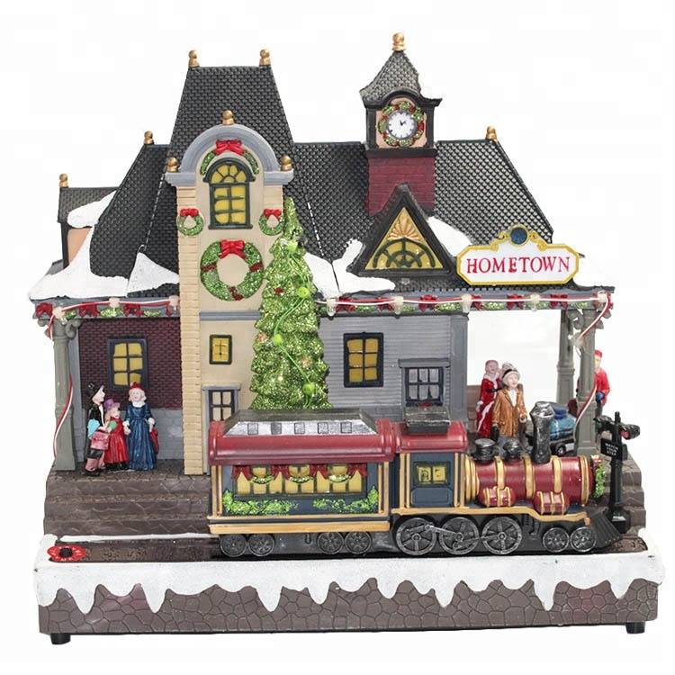 China wholesale Christmas Village Set Up - Promotional Plastic handicrafts led lighted Christmas Village house Decoration with train – Melody