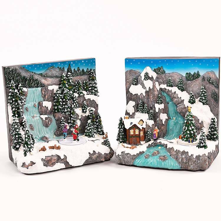 Polyresin painting mountain/village scene with tree animated LED music house decoration