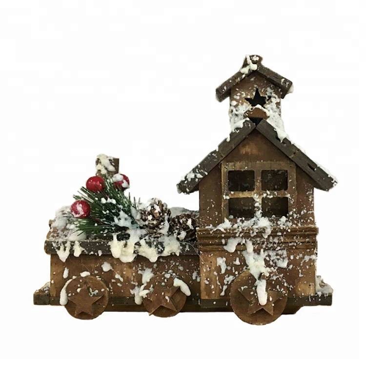 WOODEN CARRIAGE tabletop holiday decor wooden christmas Village house with snowing