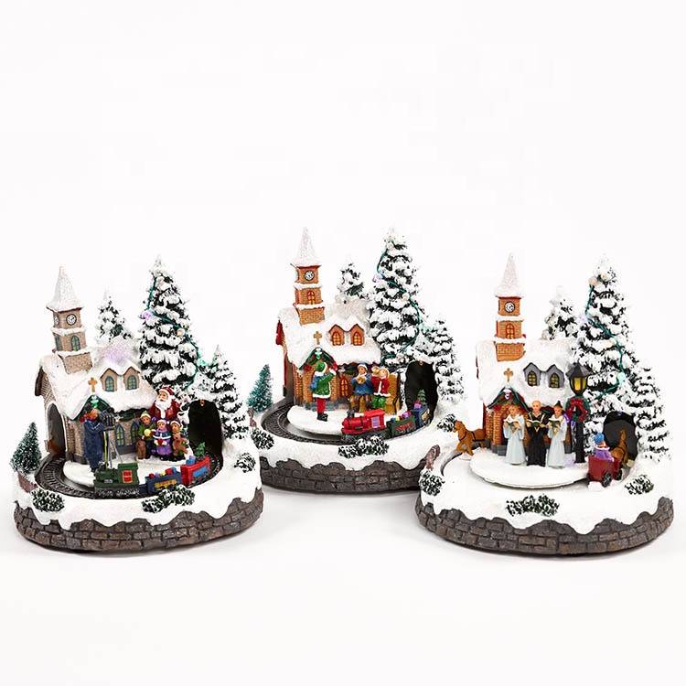 Wholesale Lighted Christmas Deer Yard - LED Music polyresin light house Christmas village scene with train moving – Melody