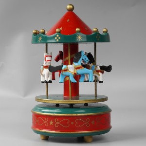 Customized Xmas Carrossel decorative Plastic and wooden merry go wind up rotating carousel music box for Christmas gift