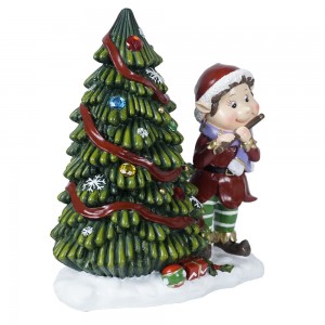 New arrive wholesale Led Christmas tree hand painting xmas elf playing flute resin statue