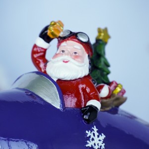 New Arrive Creative Resin Airplane Santa Christmas Ornament with Rotating LED Xmas Scene