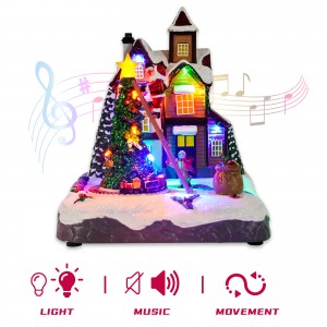 LED light up animated spinning train scene Resin Musical Christmas village houses with 8 Xmas songs