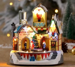Wholesale Christmas LED Nutcracker Factory with rotating scene Led Illuminated Christmas village houses with 8 Xmas  songs