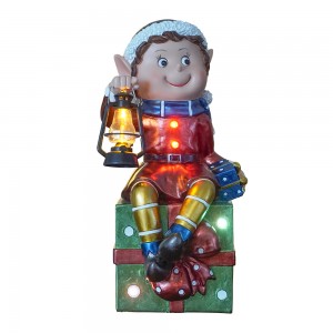 Wholesale LED Musical polyresin elf with metal lantern figurines ornament for Christmas Home Decoration
