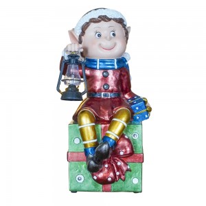 Wholesale LED Musical polyresin elf with metal lantern figurines ornament for Christmas Home Decoration