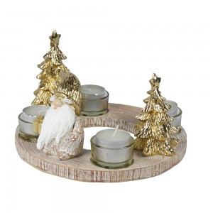 Resin craft Resin Gnome Statue with Christmas Tree Gold Tea Light Candle Holders For Home and Christmas Decoration
