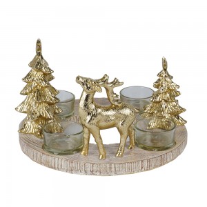 Resin craft resin reindeer statue with Christmas Tree Gold Tea Light Candle Holders For Home and Christmas Decoration