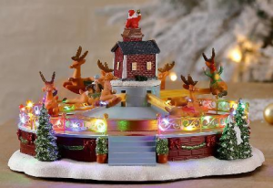 LED Plastic Xmas decor Amusement park Music Box flying sleigh deer scene With Turning Functions & Music