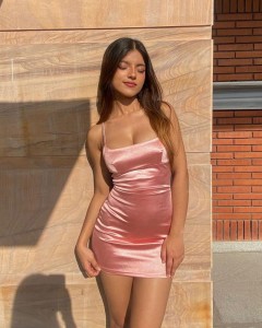 Lady custom suqare collar bodycon pink spaghetti strap sexy dress