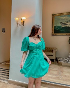 ODM square collar single button puff sleeve sexy dress