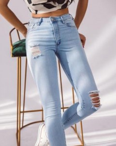 Factory made high waist slim ripped pocket jeans  X