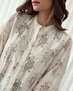 Factory made round neck floral lace white elegant shirt