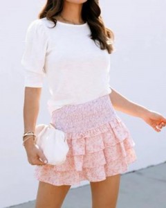 Custom ruffle pink floral elastic waist pleated mini skirt