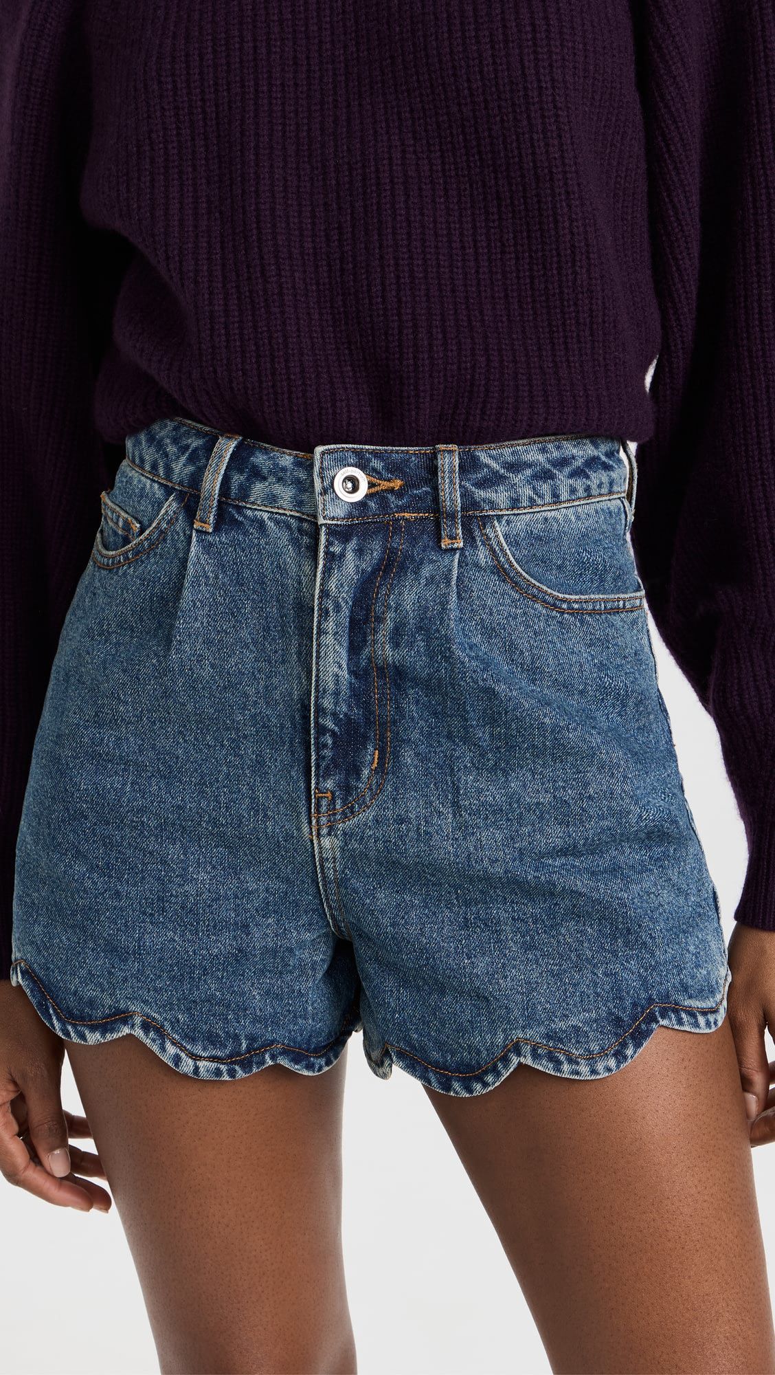 A-line Casual Straight-leg Pants High Waist Wavy Side Denim Shorts